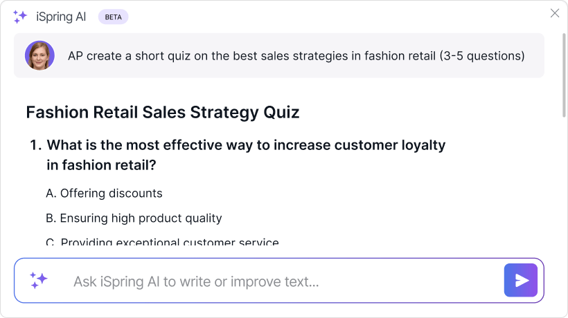 iSpring AI can create a trainee quiz based on the module’s content in under a minute.